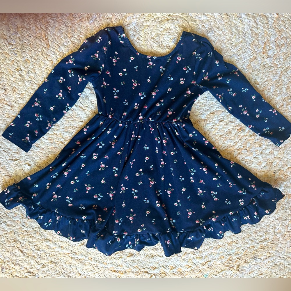 Zunie Navy Blue Floral Twirl Long Sleeves Dress ruffled hem cinched waist EUC